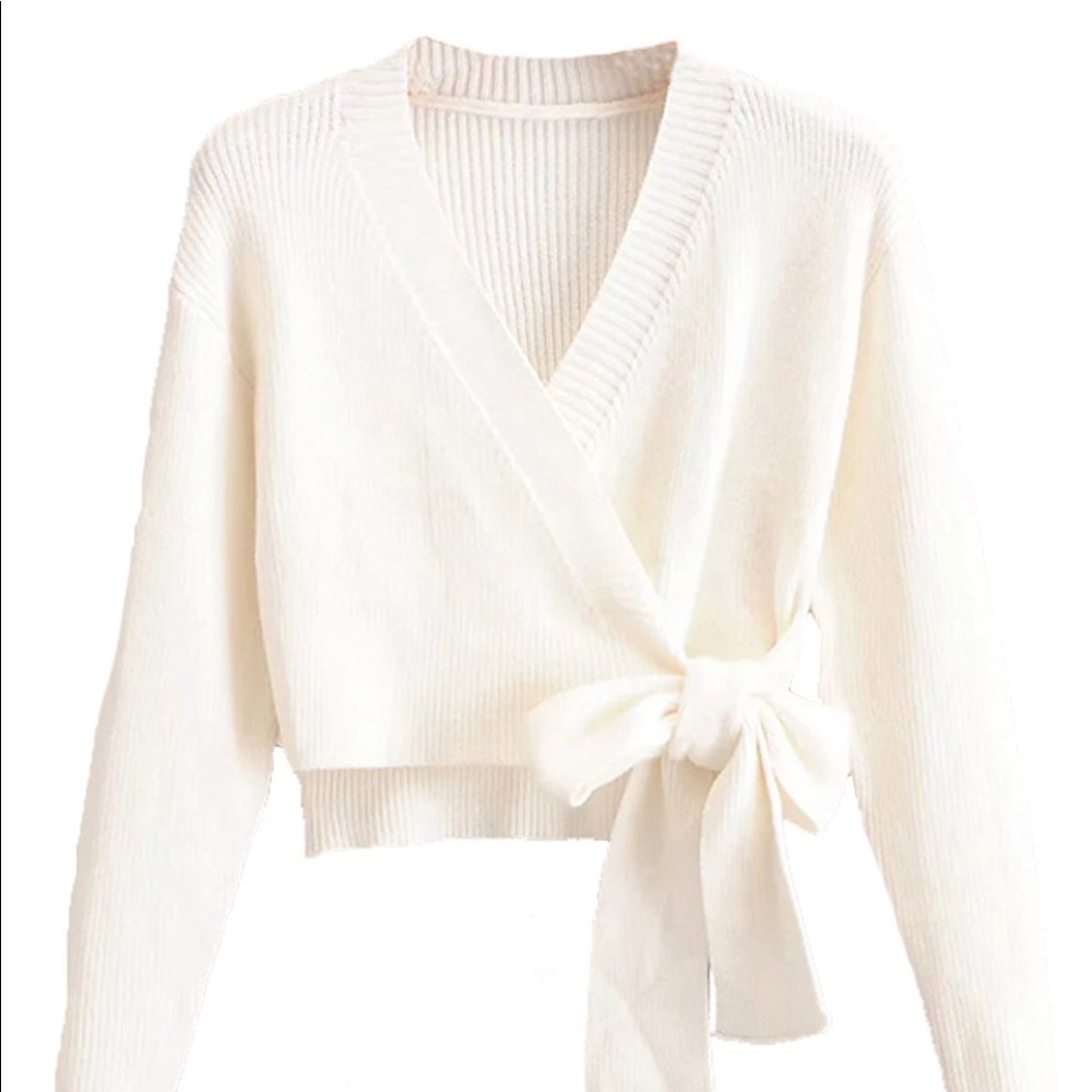 Cream Knitted Bow Wrap Sweater